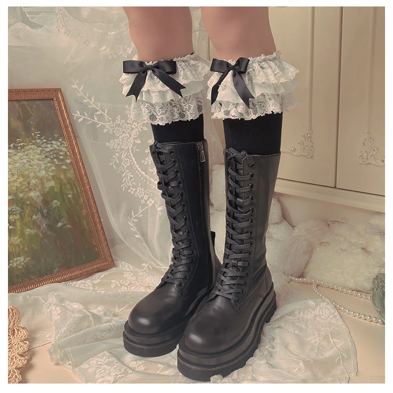 Cotton Lolita Bow Socks with Layered Lace Trim - Image 11