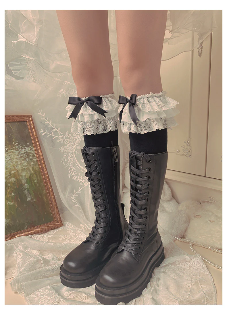Cotton Lolita Bow Socks with Layered Lace Trim - Image 12