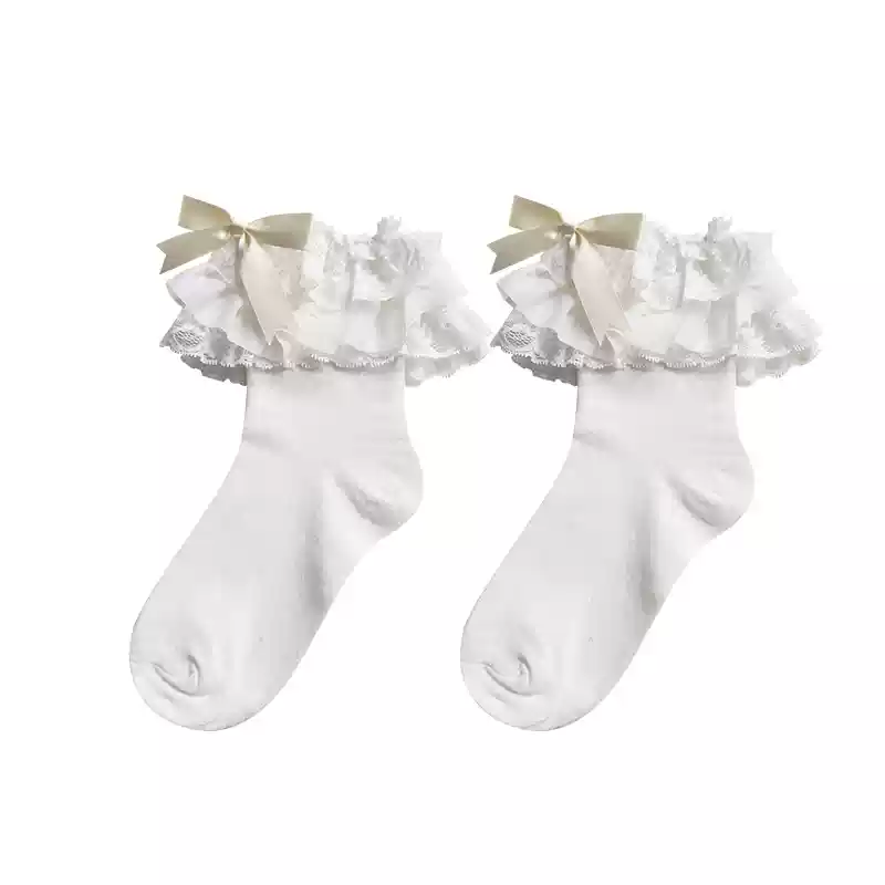 Cotton Lolita Bow Socks with Layered Lace Trim - Image 14