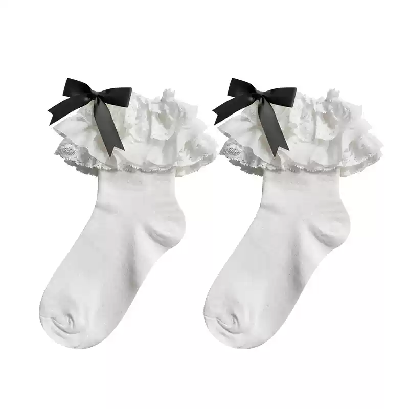 Cotton Lolita Bow Socks with Layered Lace Trim - Image 15