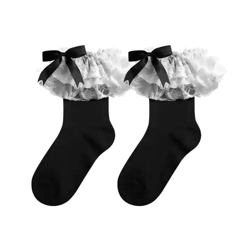 Cotton Lolita Bow Socks with Layered Lace Trim - Image 16
