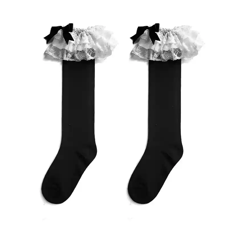 Cotton Lolita Bow Socks with Layered Lace Trim - Image 17