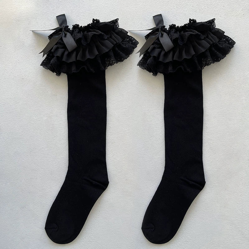 Cotton Lolita Bow Socks with Layered Lace Trim - Image 19