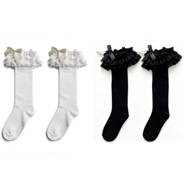 Cotton Lolita Bow Socks with Layered Lace Trim - Image 20