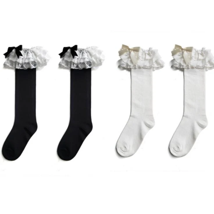 Cotton Lolita Bow Socks with Layered Lace Trim - Image 21