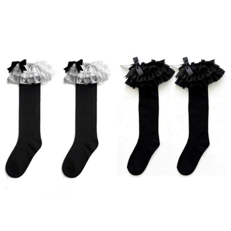 Cotton Lolita Bow Socks with Layered Lace Trim - Image 22