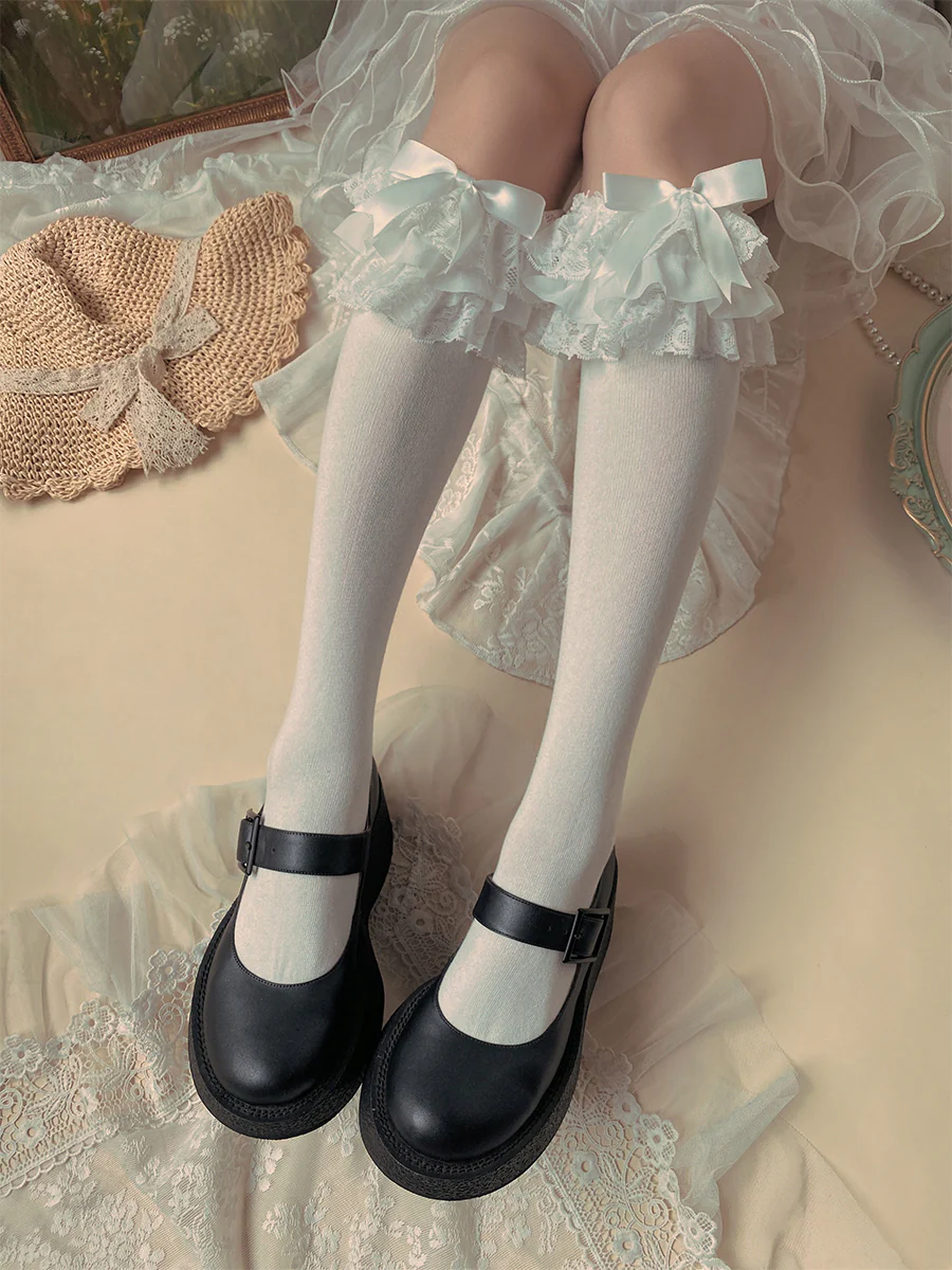Cotton Lolita Bow Socks with Layered Lace Trim - Image 3