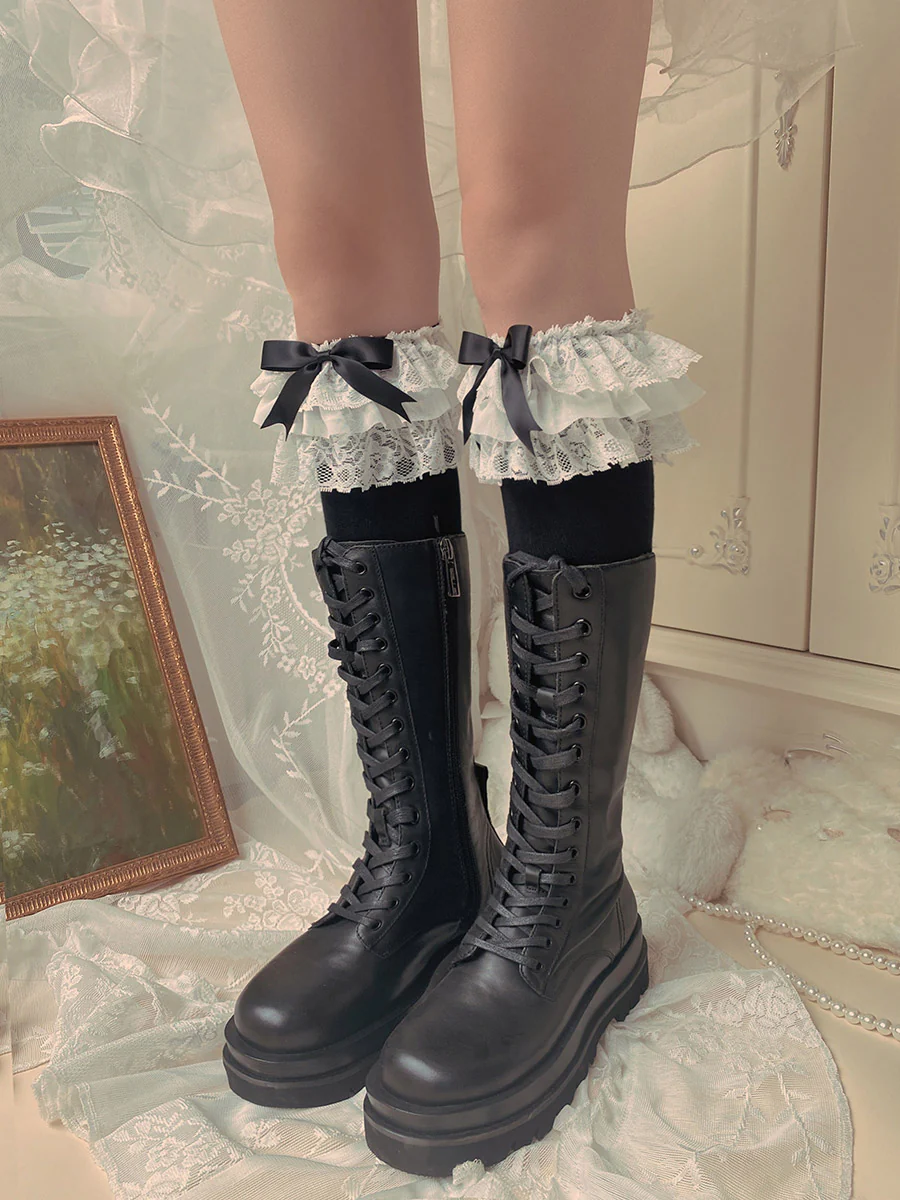 Cotton Lolita Bow Socks with Layered Lace Trim - Image 4