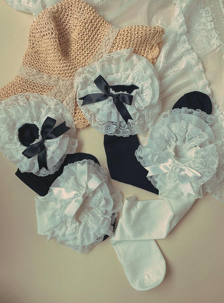 Cotton Lolita Bow Socks with Layered Lace Trim - Image 5