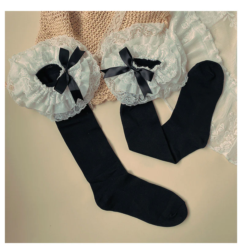 Cotton Lolita Bow Socks with Layered Lace Trim - Image 6