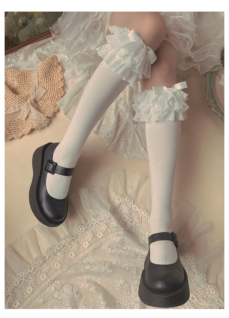 Cotton Lolita Bow Socks with Layered Lace Trim - Image 9
