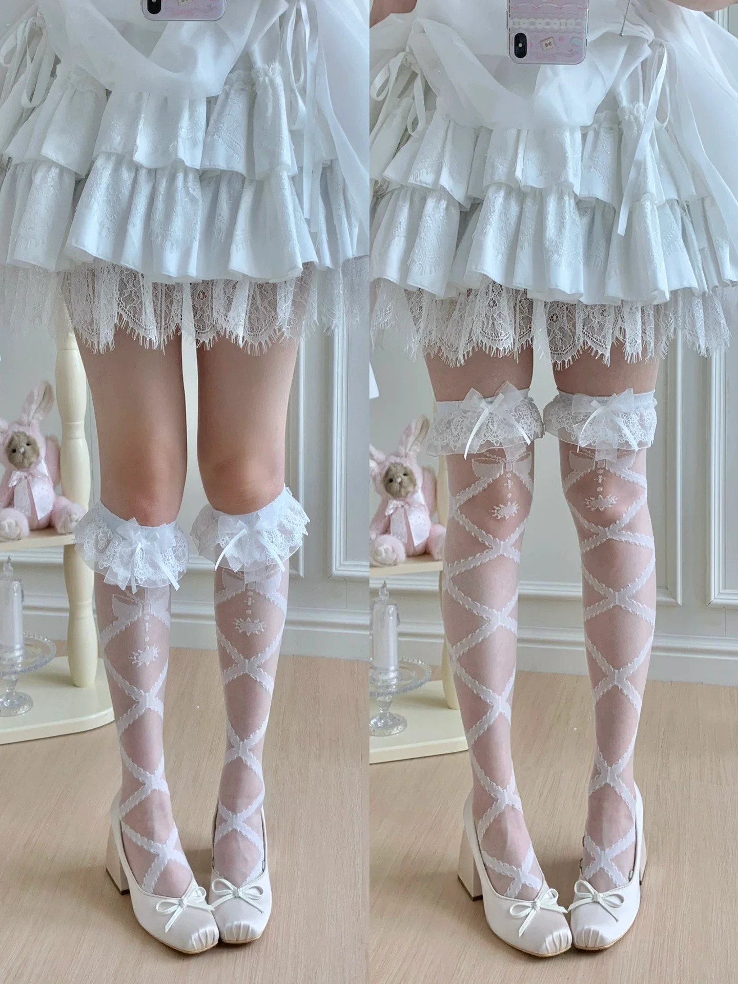 Lolita Cross Printed Socks with Layered Lace Trim Cuff - Image 11