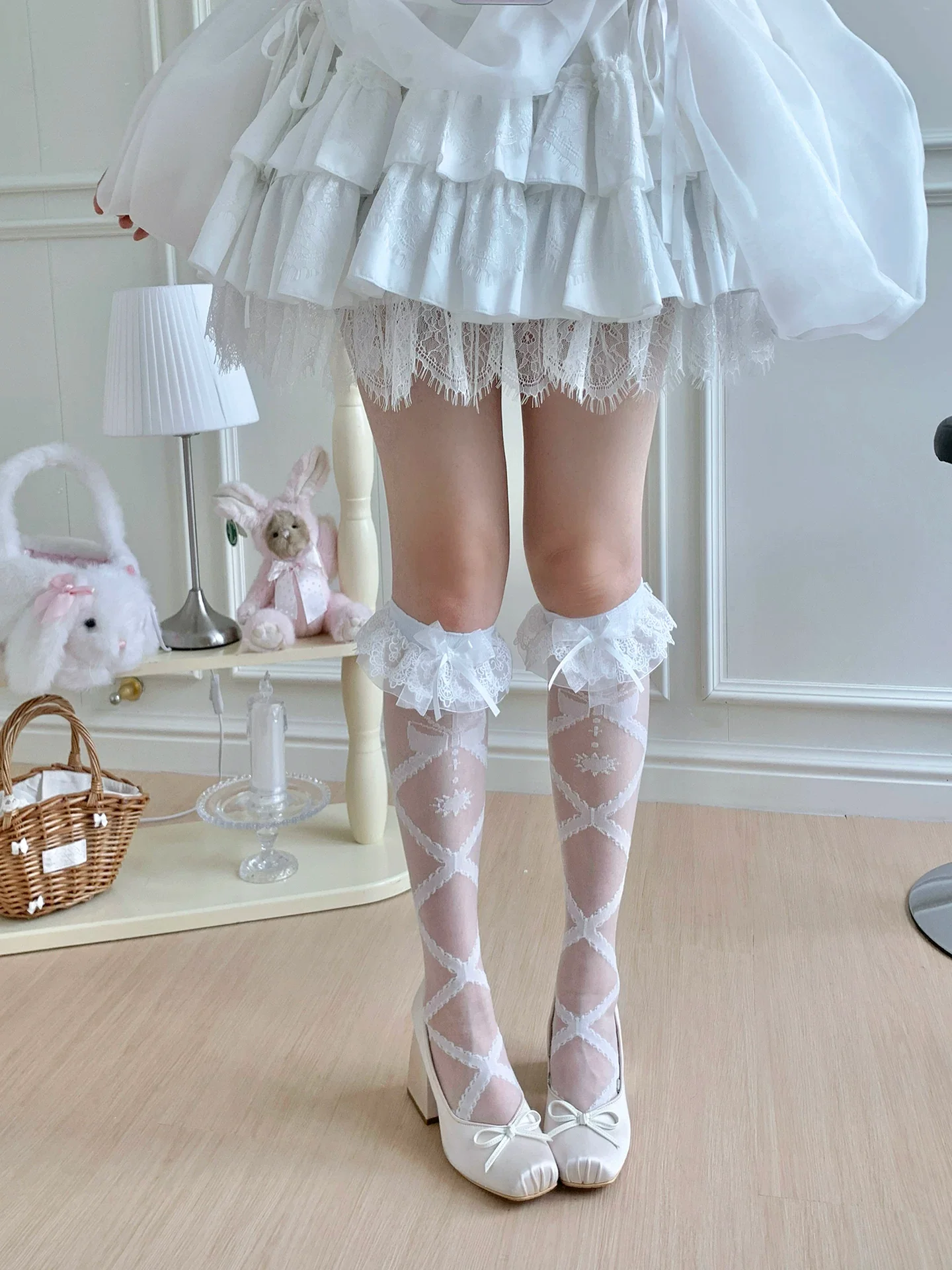 Lolita Cross Printed Socks with Layered Lace Trim Cuff - Image 14