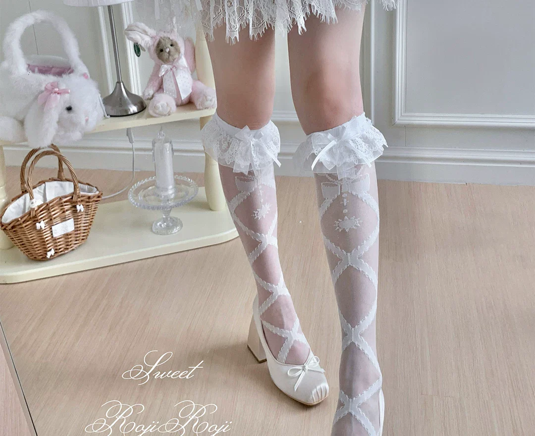 Lolita Cross Printed Socks with Layered Lace Trim Cuff - Image 15
