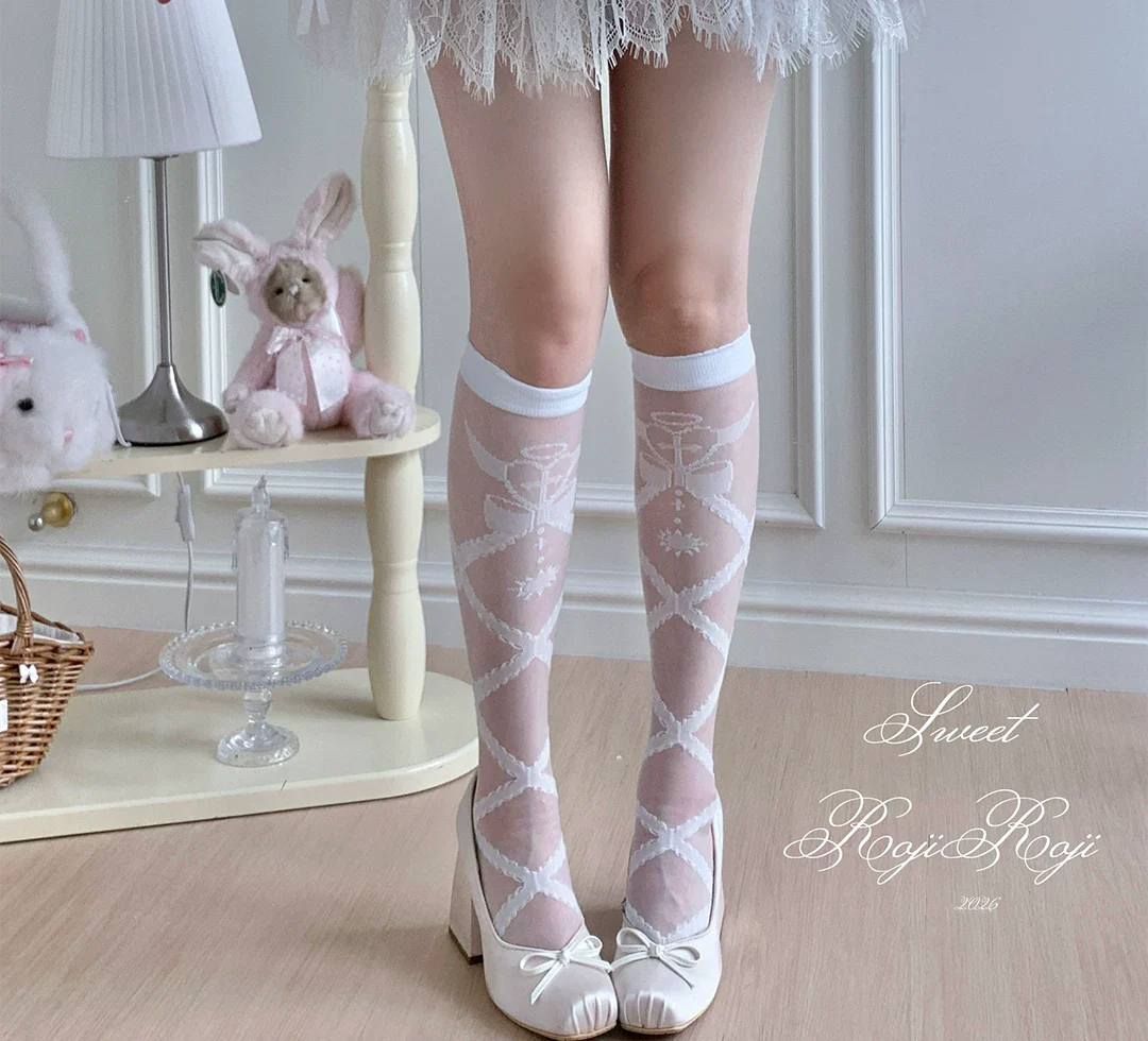 Lolita Cross Printed Socks with Layered Lace Trim Cuff - Image 16