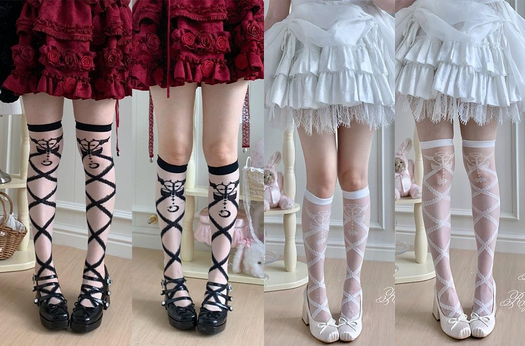 Lolita Cross Printed Socks with Layered Lace Trim Cuff - Image 3