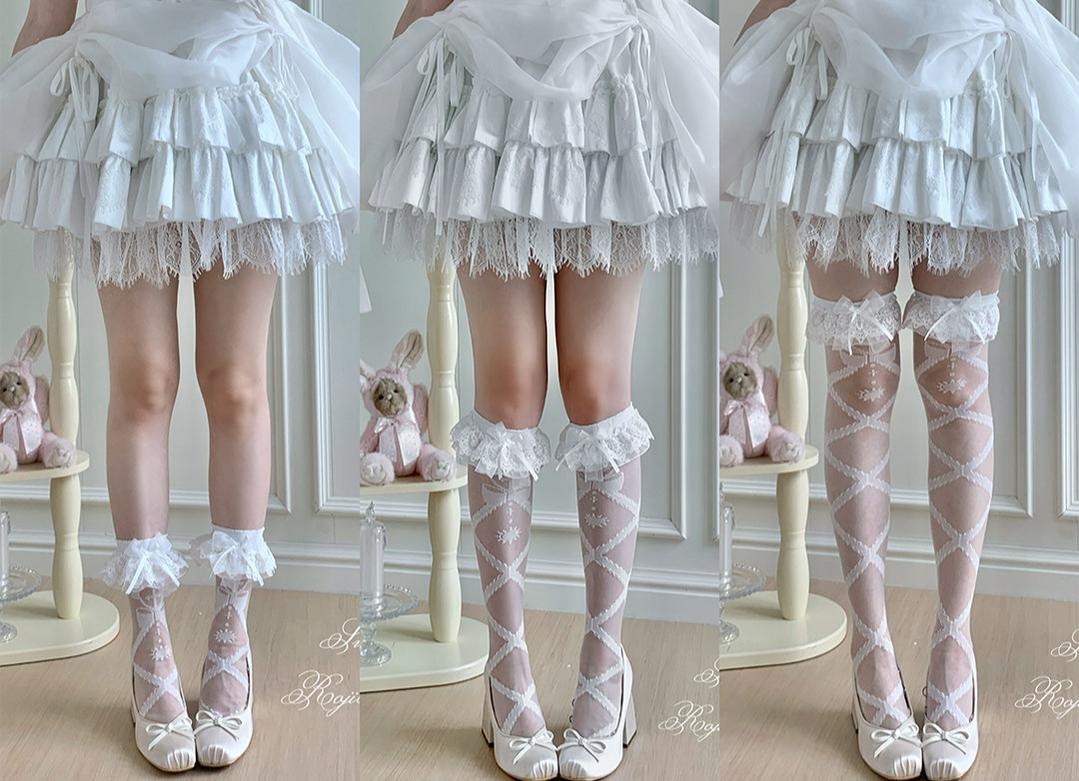 Lolita Cross Printed Socks with Layered Lace Trim Cuff - Image 4