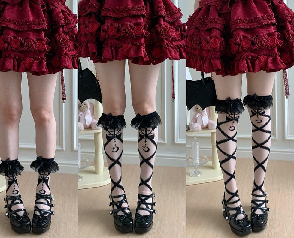Lolita Cross Printed Socks with Layered Lace Trim Cuff - Image 5