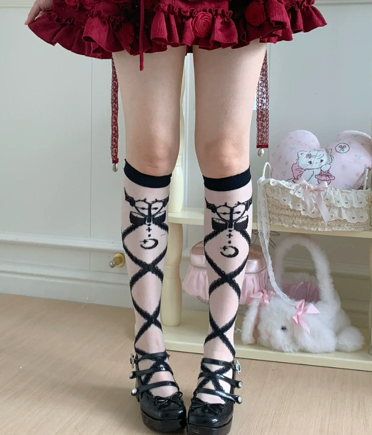 Lolita Cross Printed Socks with Layered Lace Trim Cuff - Image 9