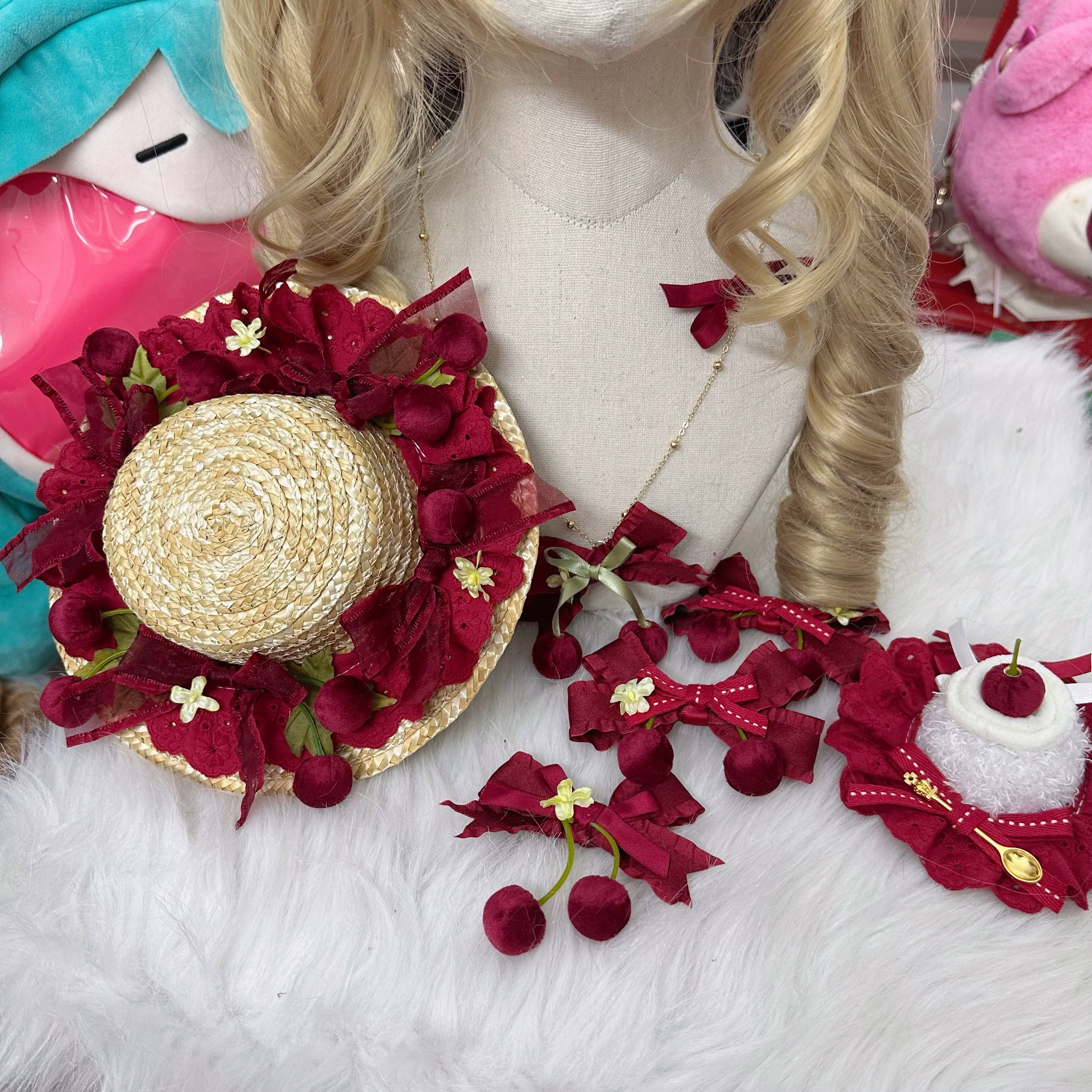 Sweet Lolita Headdress Cherry Hair Clip Straw Hat Necklace Handmade Set - Image 26