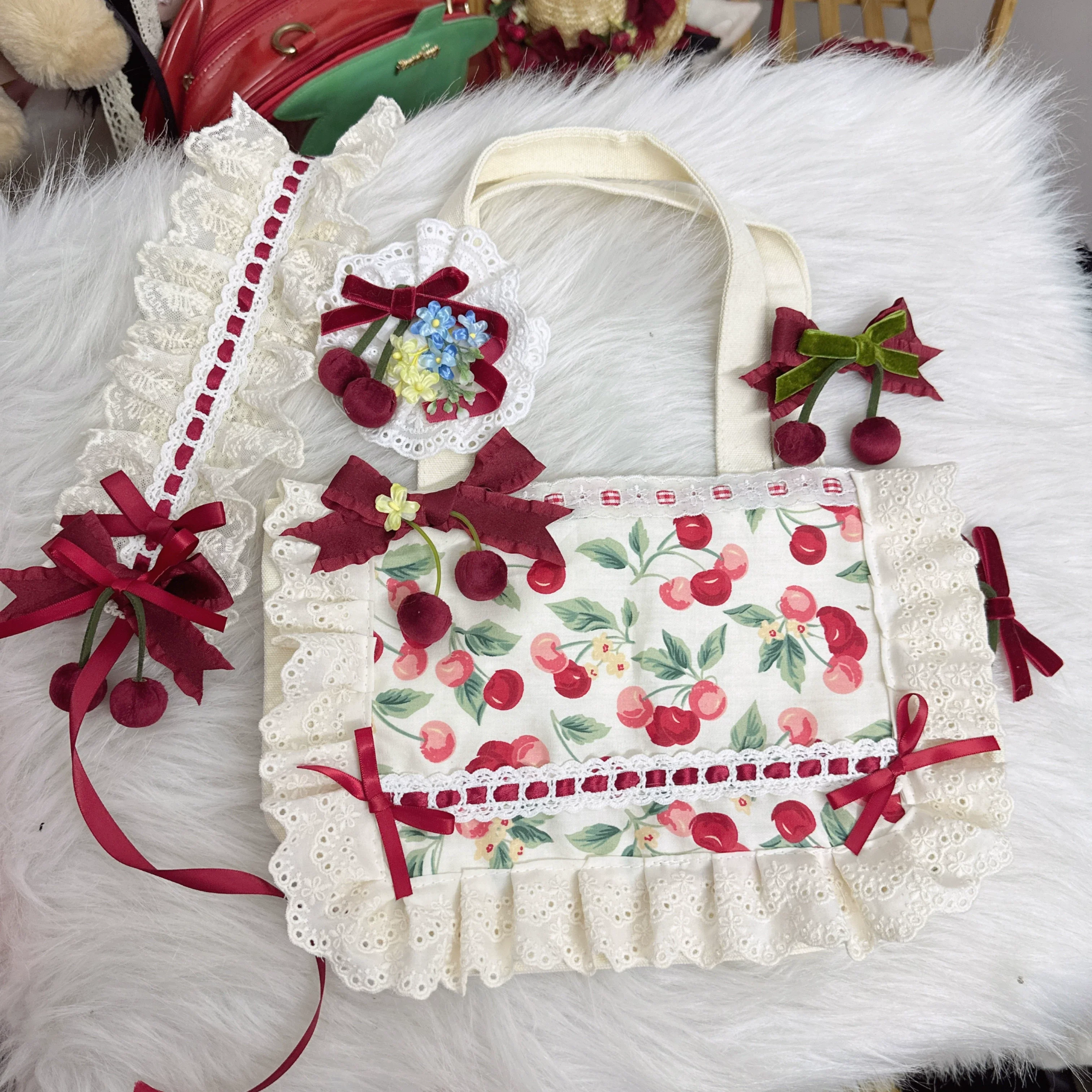Sweet Lolita Headdress Cherry Hair Clip Straw Hat Necklace Handmade Set - Image 7