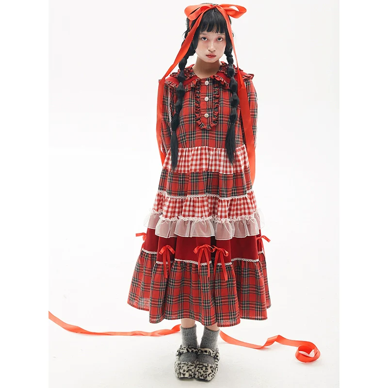 SOS MEME CLUB - Vintage Lolita OP Dress Red Lolita Plaid Dress for Spring Summer
