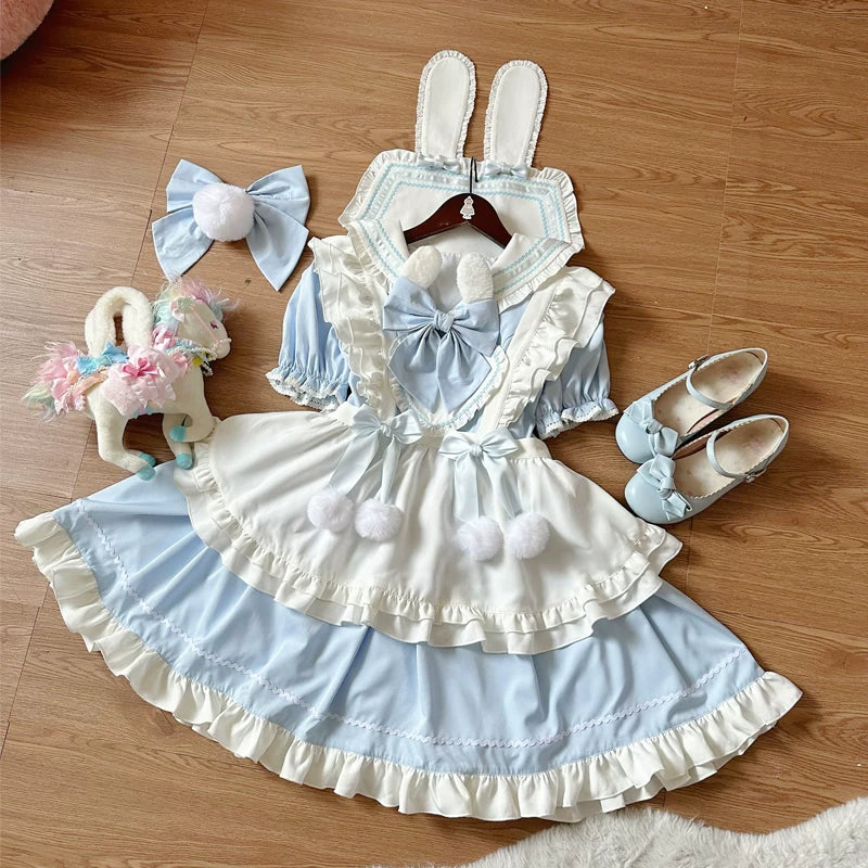 Sweet Bunny Pom-pom - Maid Lolita Bunny Ear Collar OP Dress, Detachable Apron - Image 15