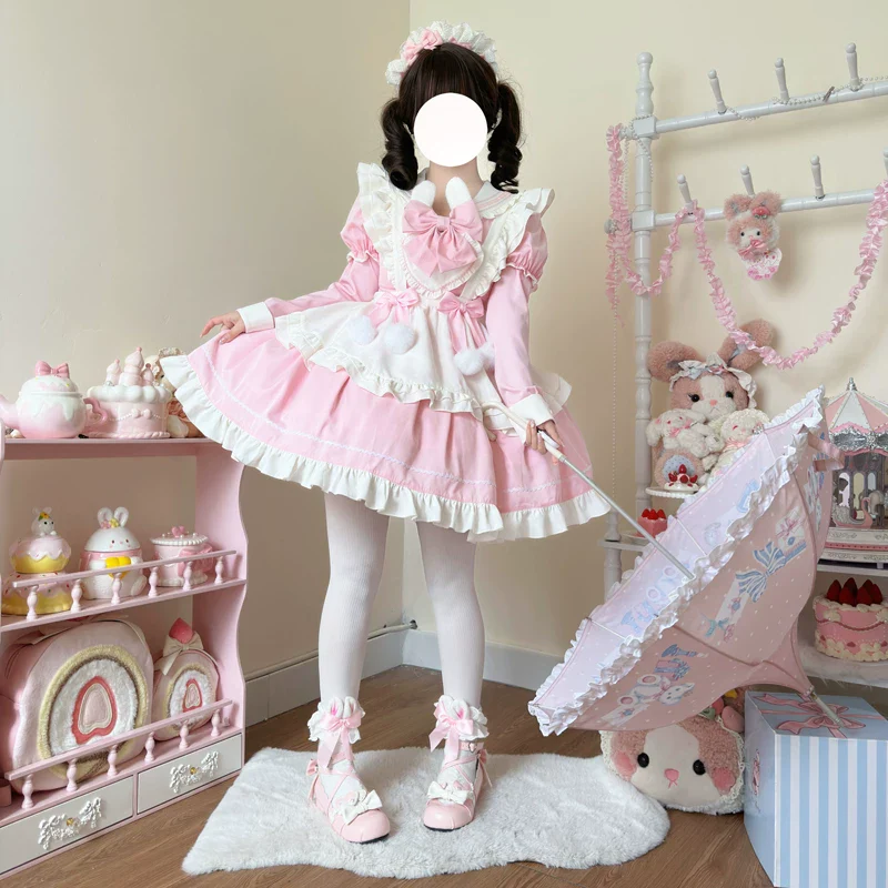 Sweet Bunny Pom-pom - Maid Lolita Bunny Ear Collar OP Dress, Detachable Apron - Image 2