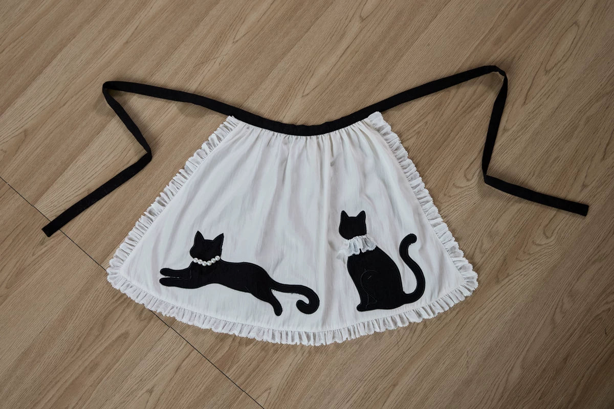 Teacup Meow - Old School Lolita Cat Ear Hat and Paw Gloves, Black Cat Apron - Image 3