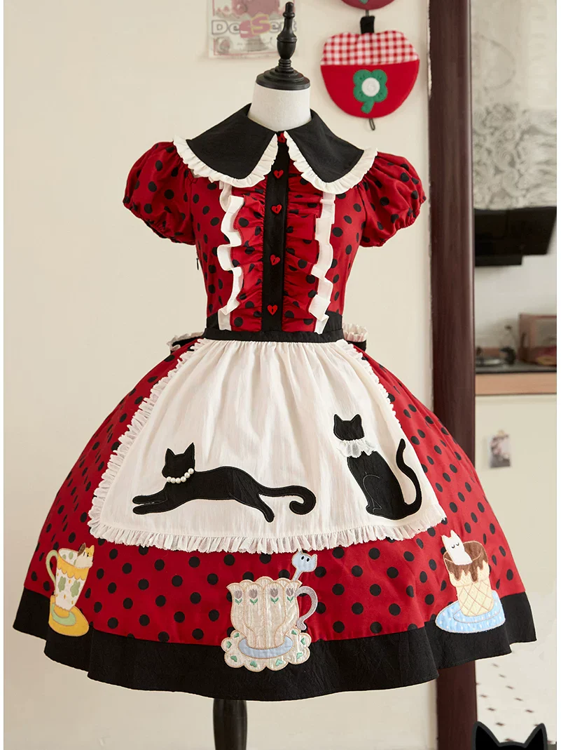 Teacup Meow - Old School Lolita Cat Ear Hat and Paw Gloves, Black Cat Apron - Image 6