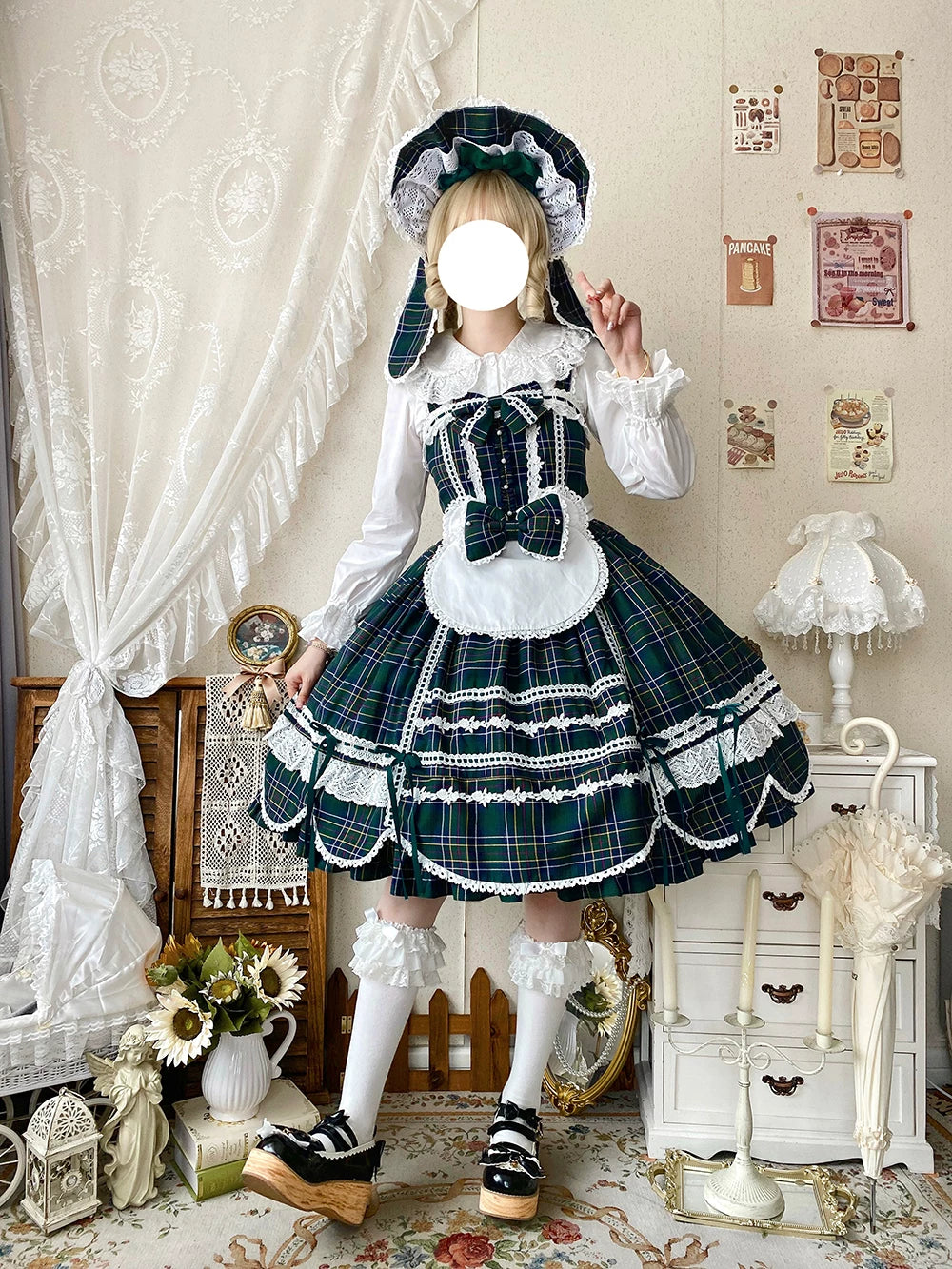Plaid Petal Bunny - Old School Lolita Plaid JSK Dress, Side Pockets - Image 25