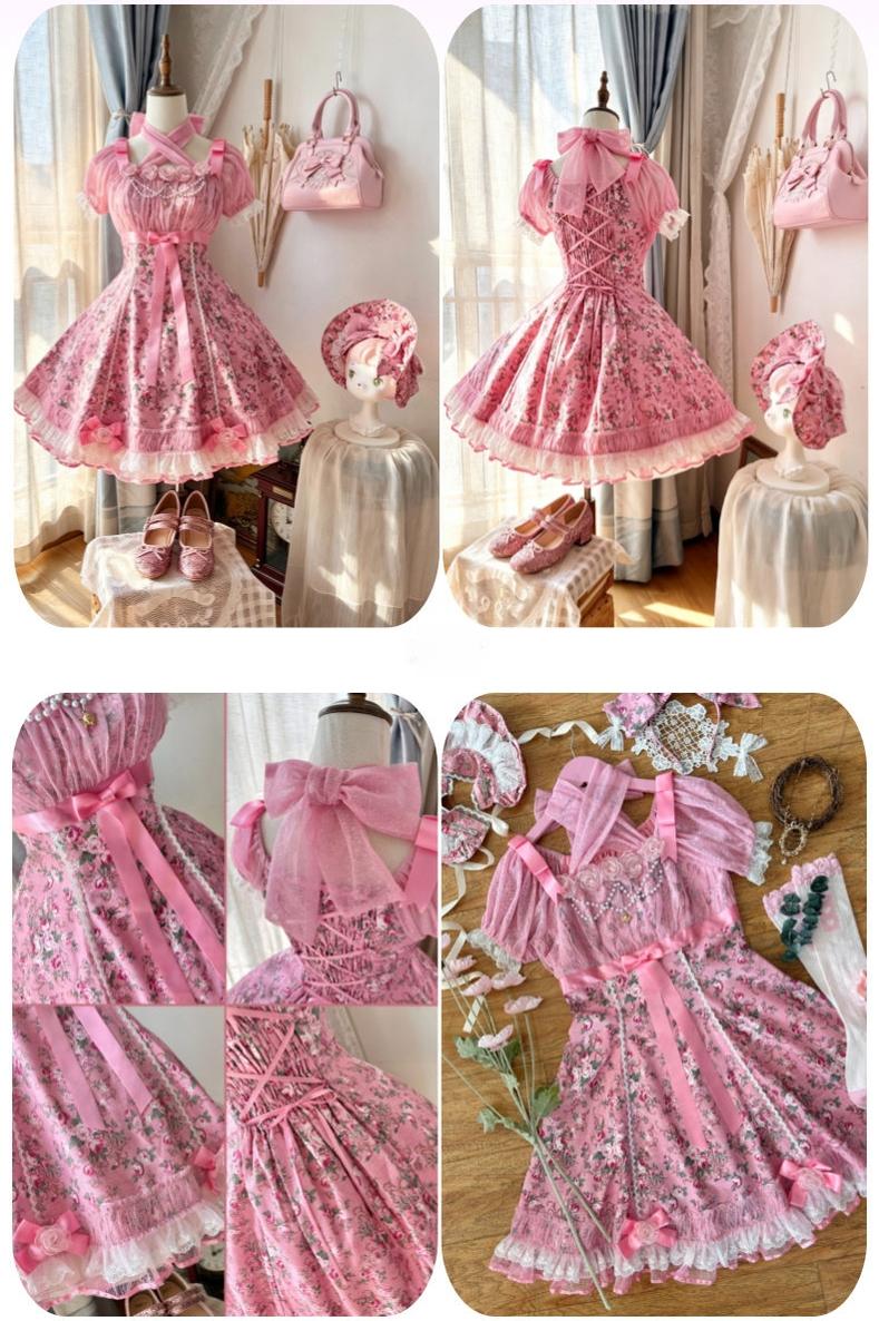 Crimson Poem - Old School Lolita Six-Panel Cut Floral Printed OP Dress - Image 3