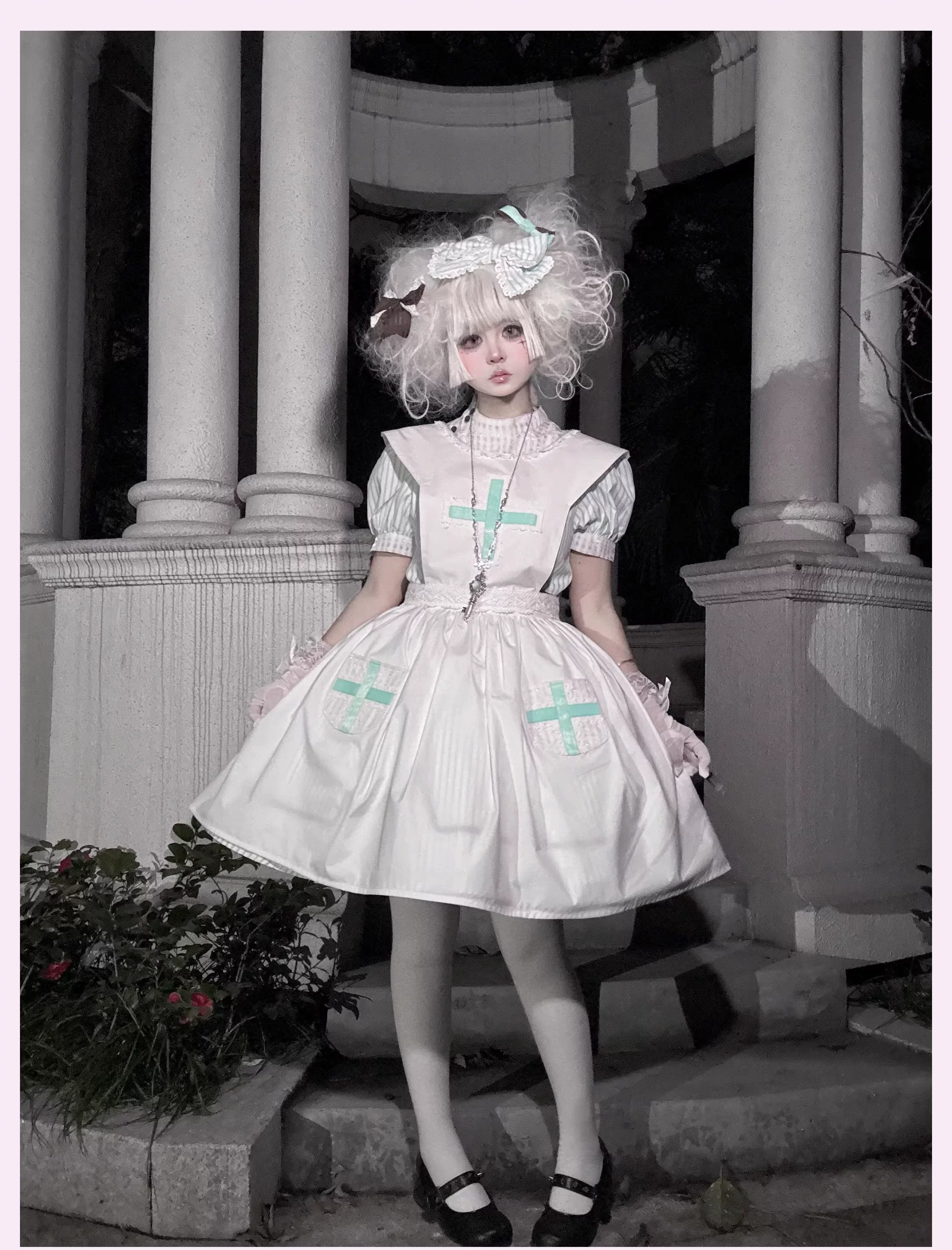Mint Prescription - Old School Lolita Striped OP Dress, Electrocardiogram Trace - Image 19