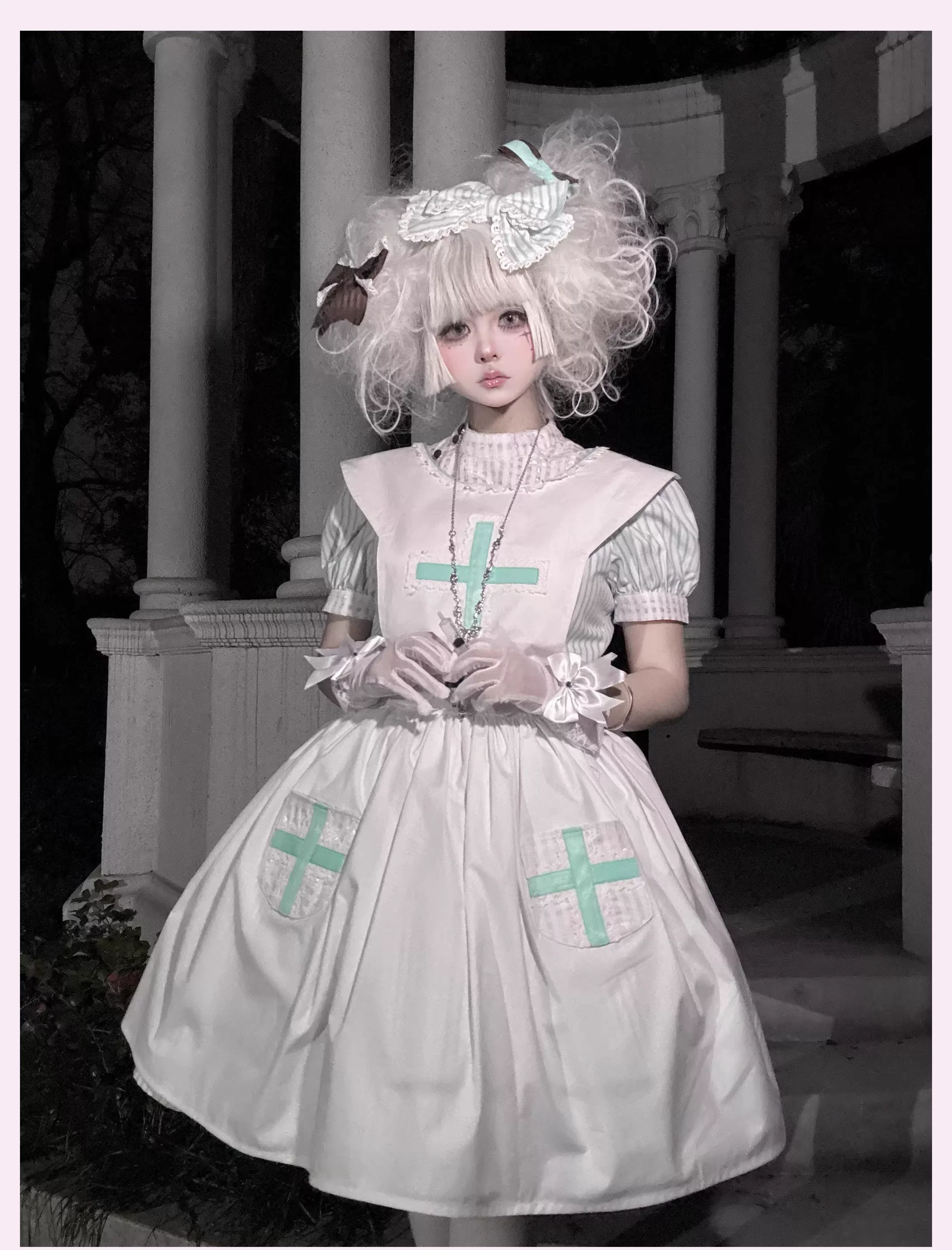Mint Prescription - Old School Lolita Striped OP Dress, Electrocardiogram Trace - Image 22
