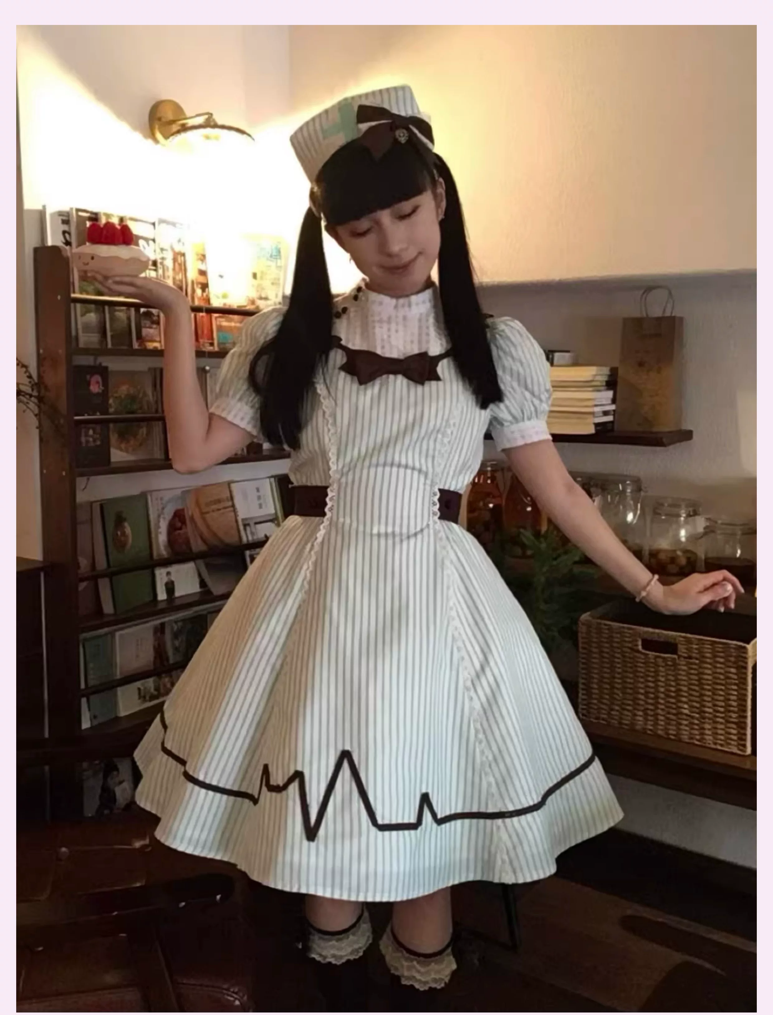 Mint Prescription - Old School Lolita Striped OP Dress, Electrocardiogram Trace - Image 8