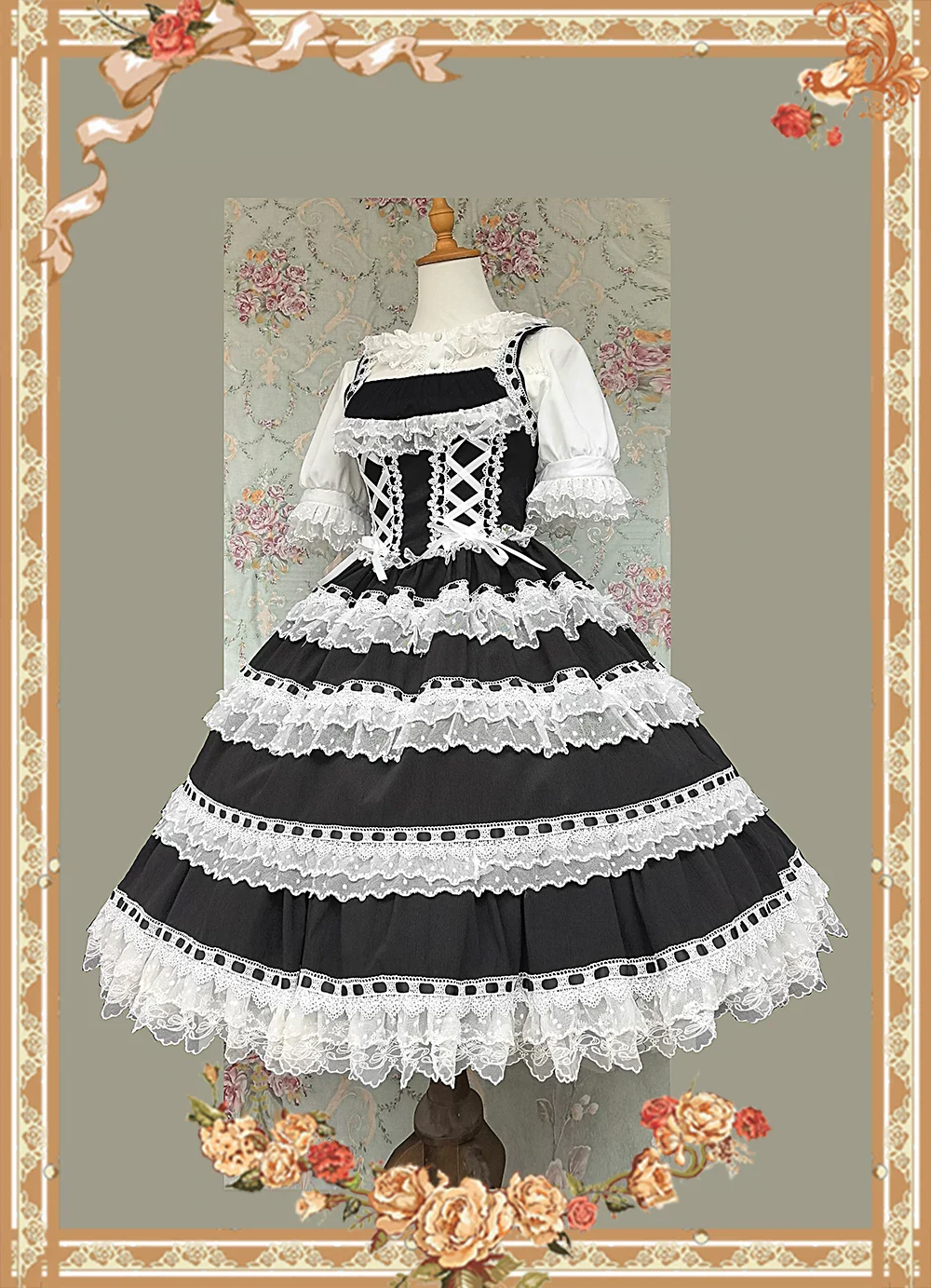 Mirror Doll - Old School Lolita Tiered Hem JSK with Polka Dot Lace - Image 11
