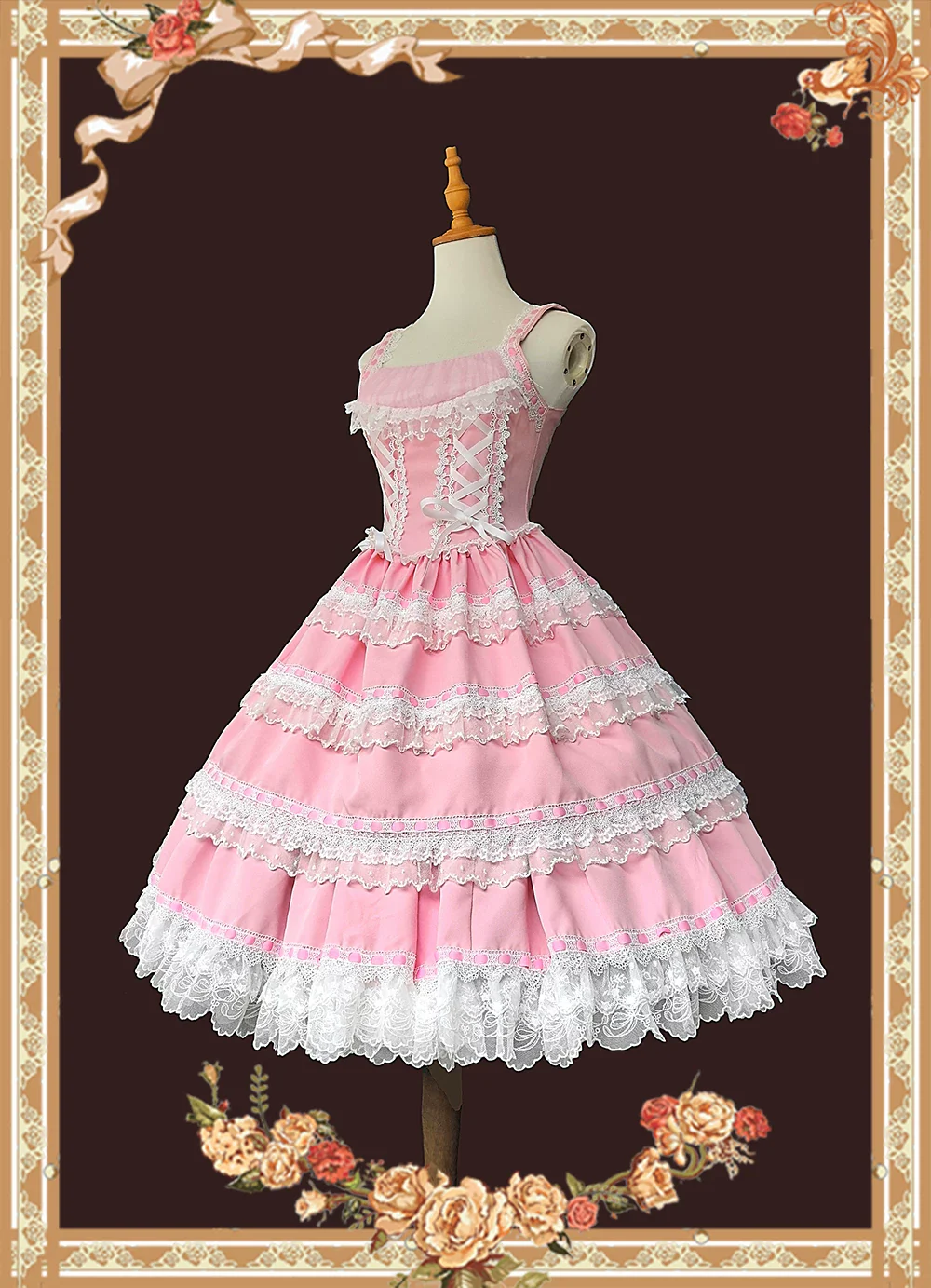 Mirror Doll - Old School Lolita Tiered Hem JSK with Polka Dot Lace - Image 12