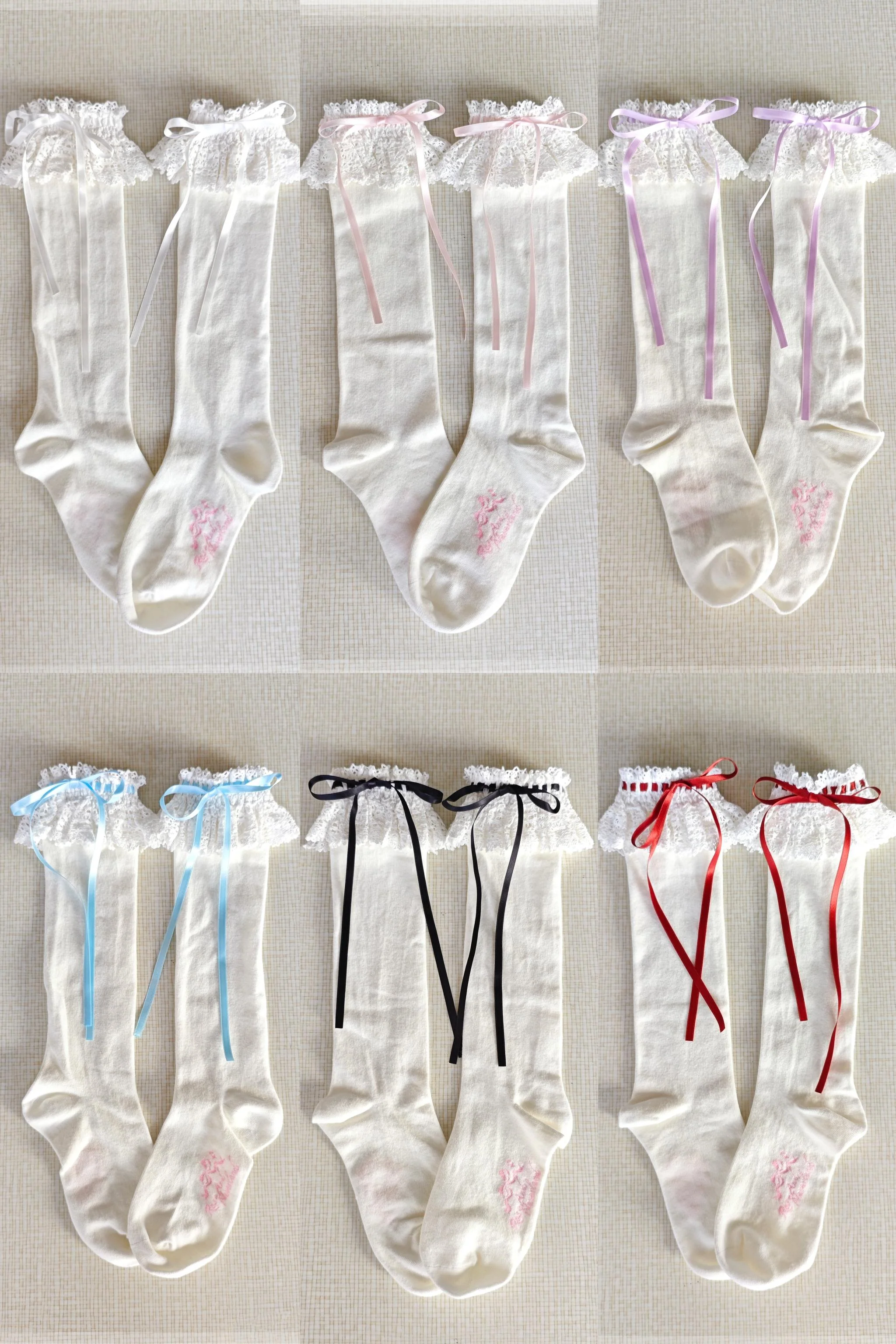 Cotton Old School Lolita White Socks with Colorful Ribbon Bows - Image 2