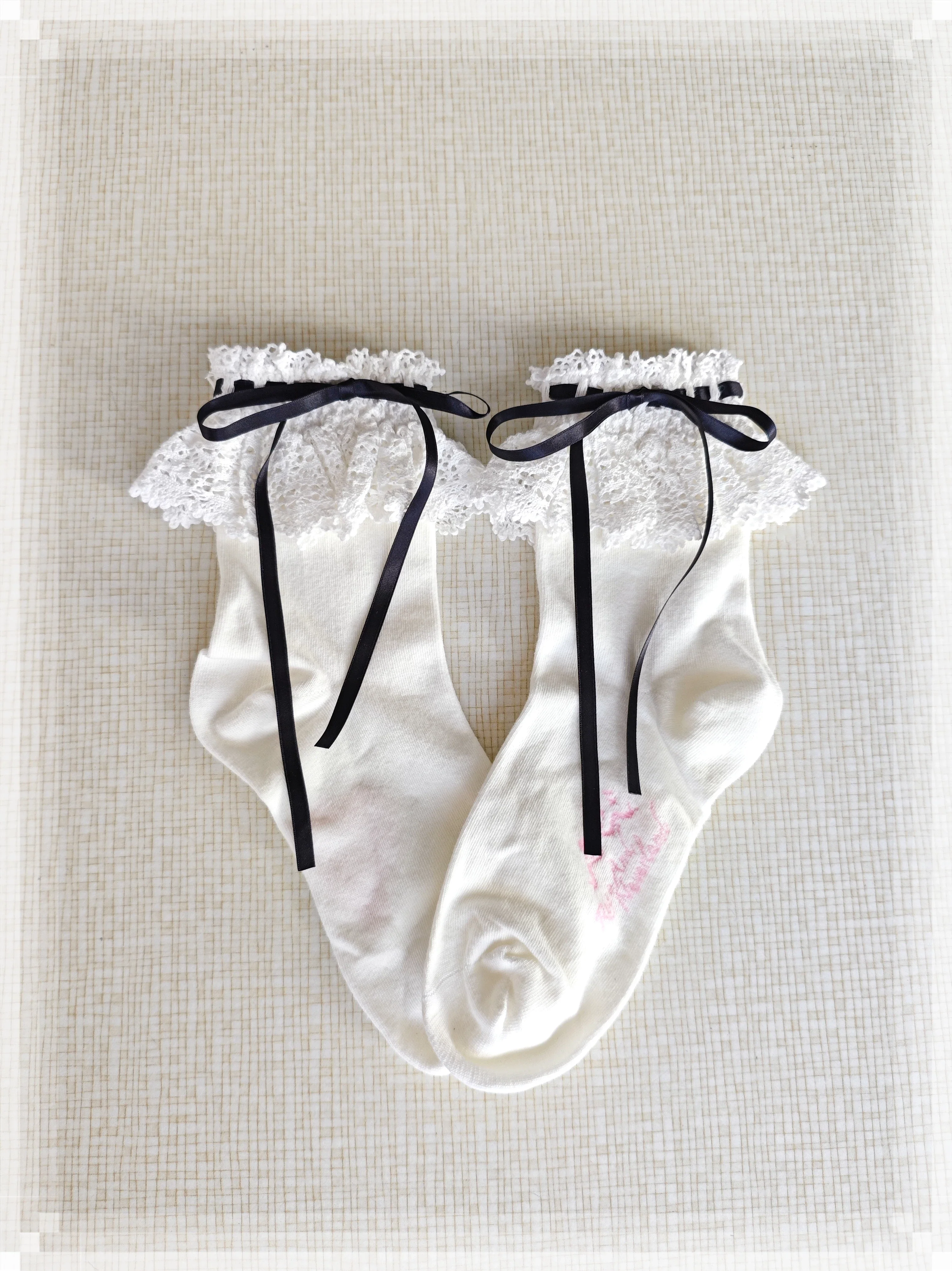 Cotton Old School Lolita White Socks with Colorful Ribbon Bows - Image 24