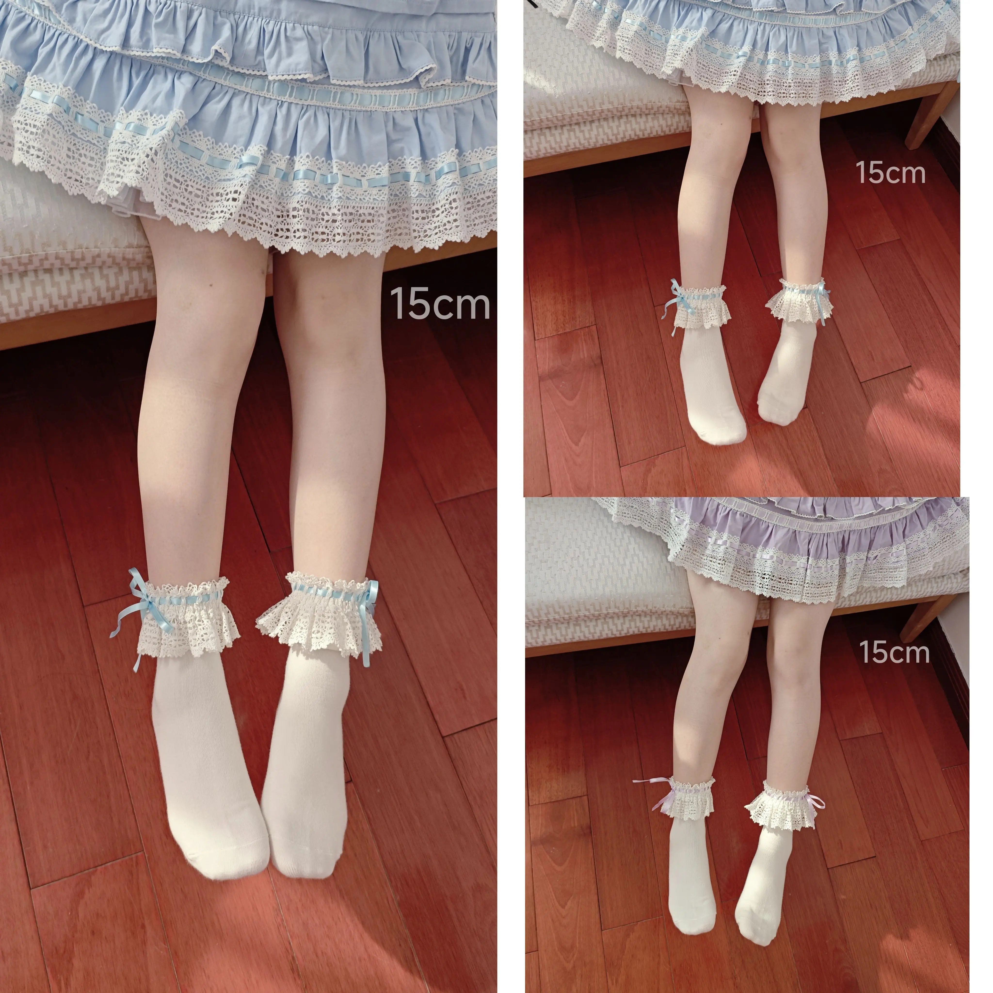 Cotton Old School Lolita White Socks with Colorful Ribbon Bows - Image 5