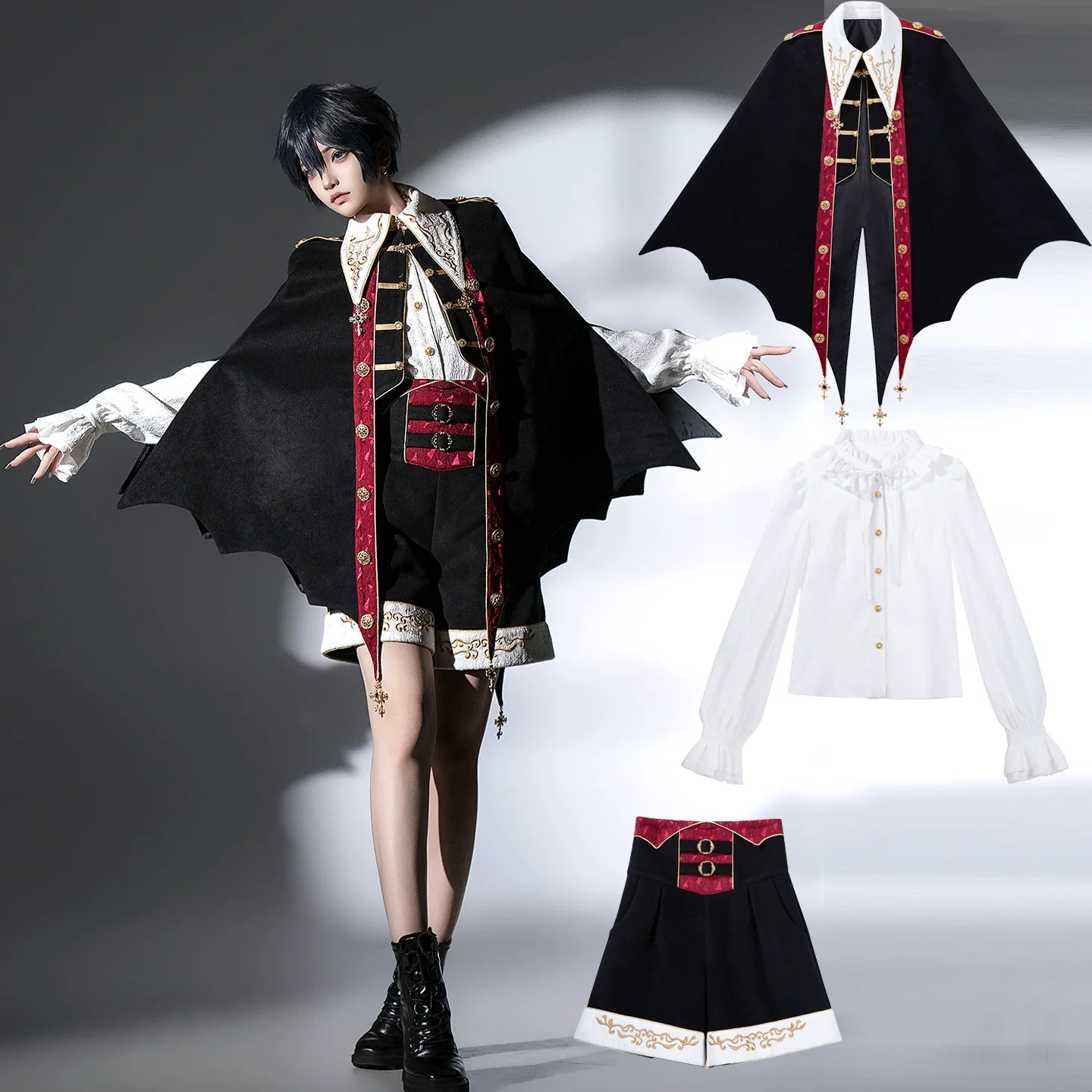 Vampire Youth - Ouji Lolita Bat Shaped Cape Set, Gold Embroidery & Red Accents - Image 3