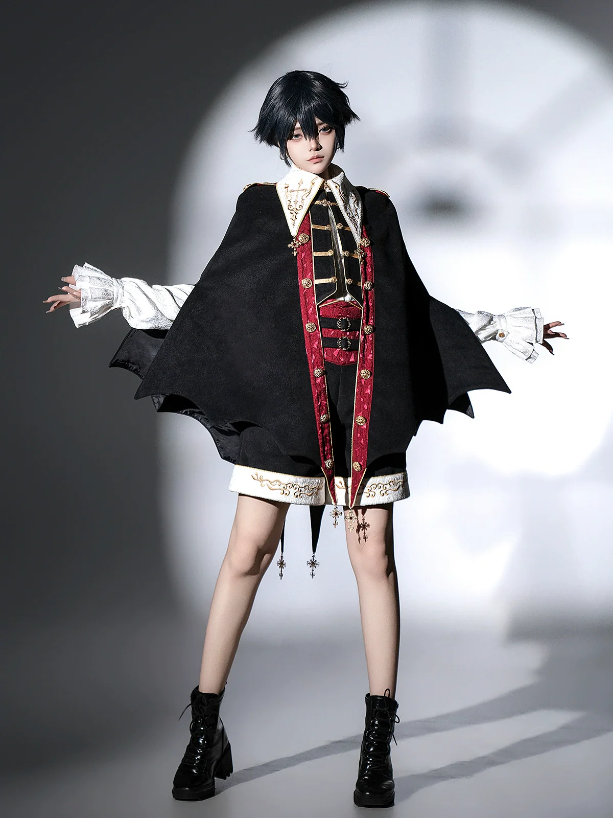 Vampire Youth - Ouji Lolita Bat Shaped Cape Set, Gold Embroidery & Red Accents - Image 9