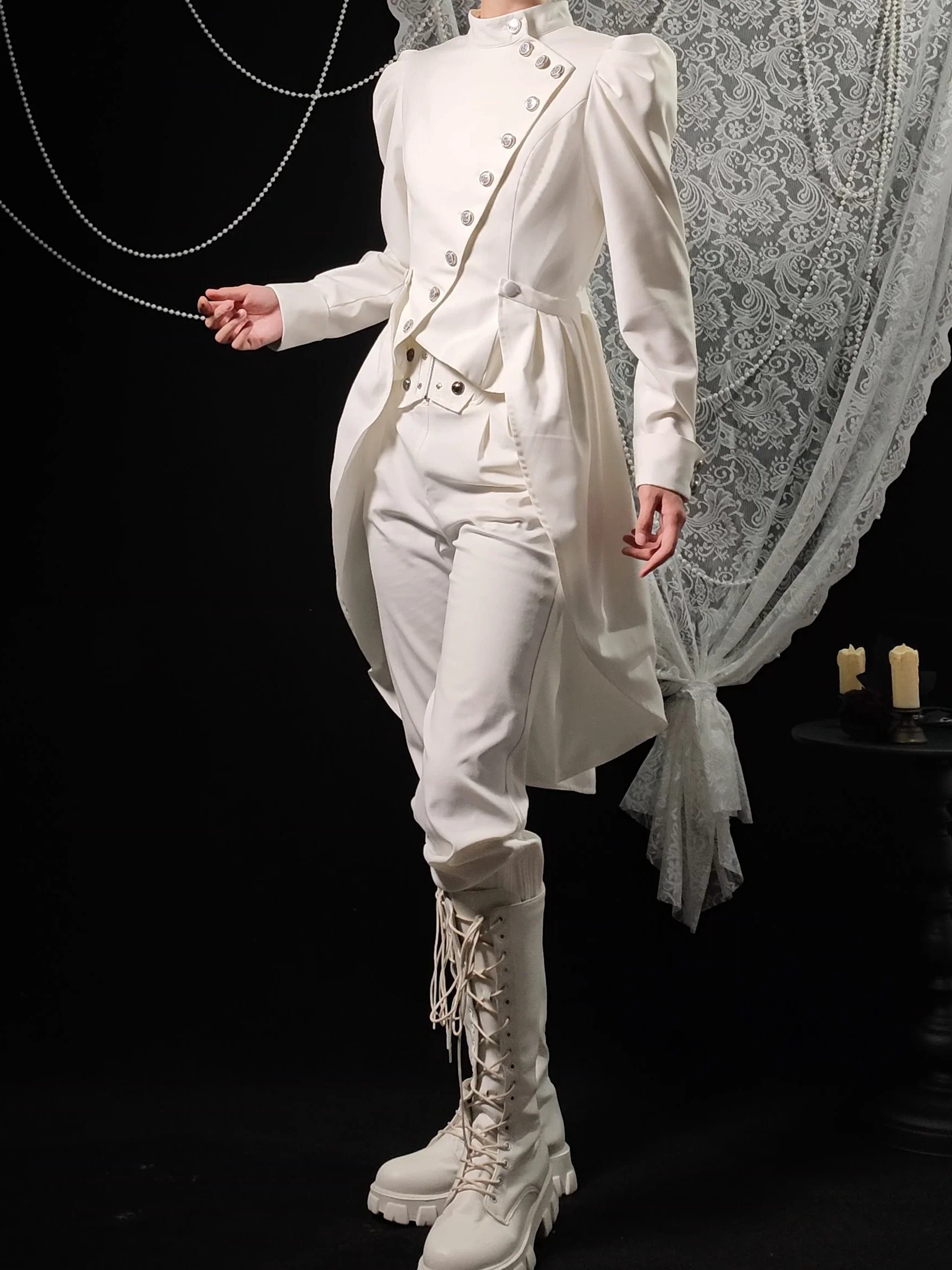 White Night Sonata - Ouji Lolita Embroidery Coat, Detachable Trailing - Image 18