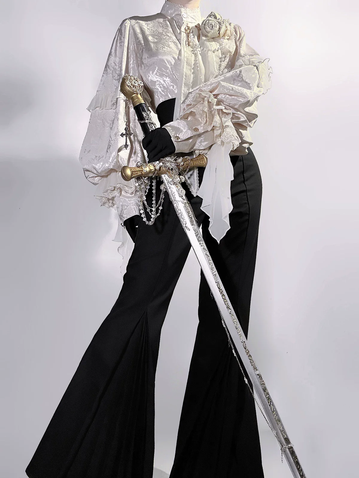 Rose and Sword - Ouji Lolita Jacquard Blouse & High Waist Pants Suit - Image 11
