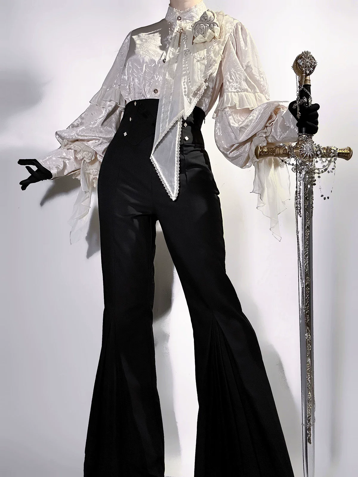 Rose and Sword - Ouji Lolita Jacquard Blouse & High Waist Pants Suit - Image 9