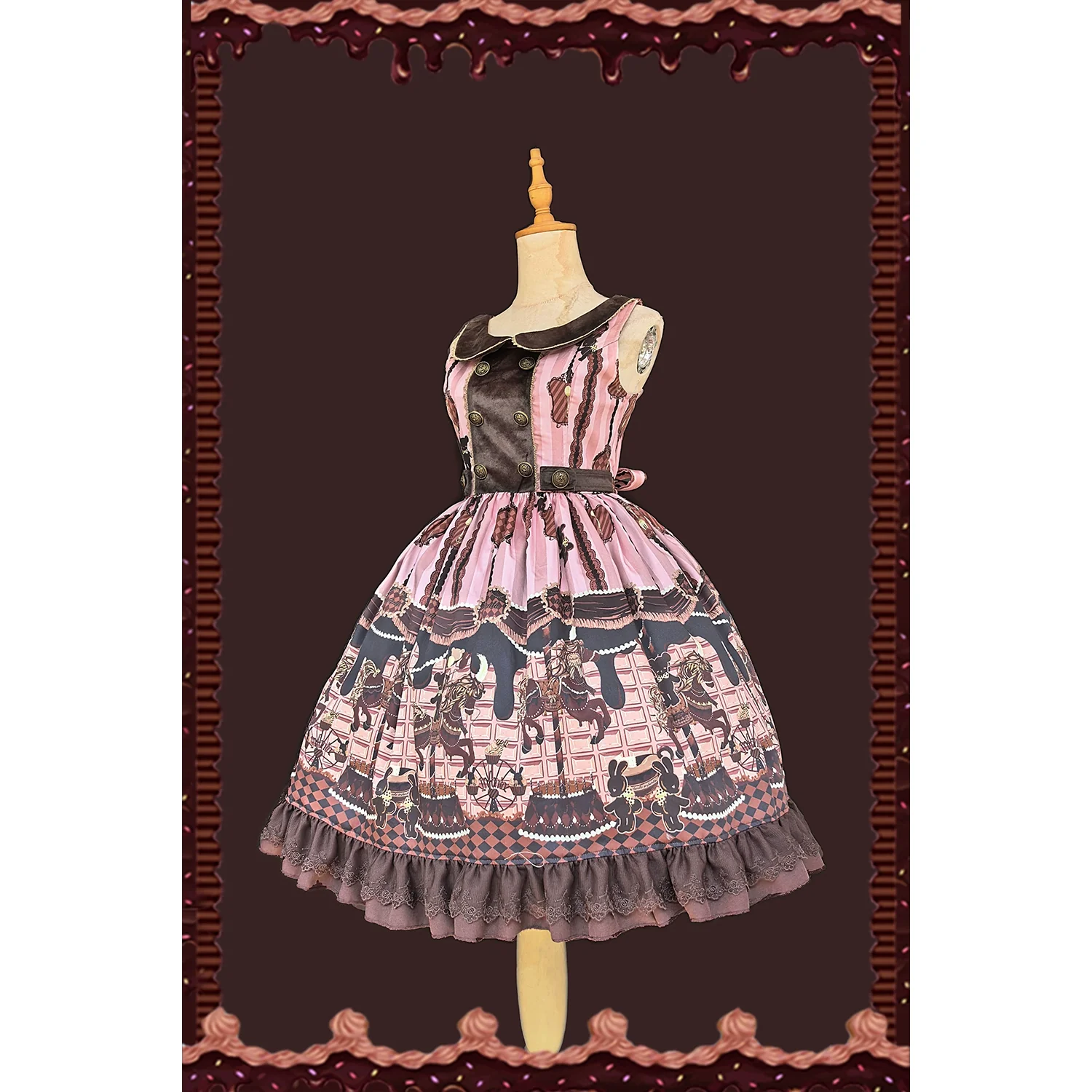 Chocolate Carousel - Peter Pan Collar Old School Lolita JSK Dress, Carousel Print - Image 4