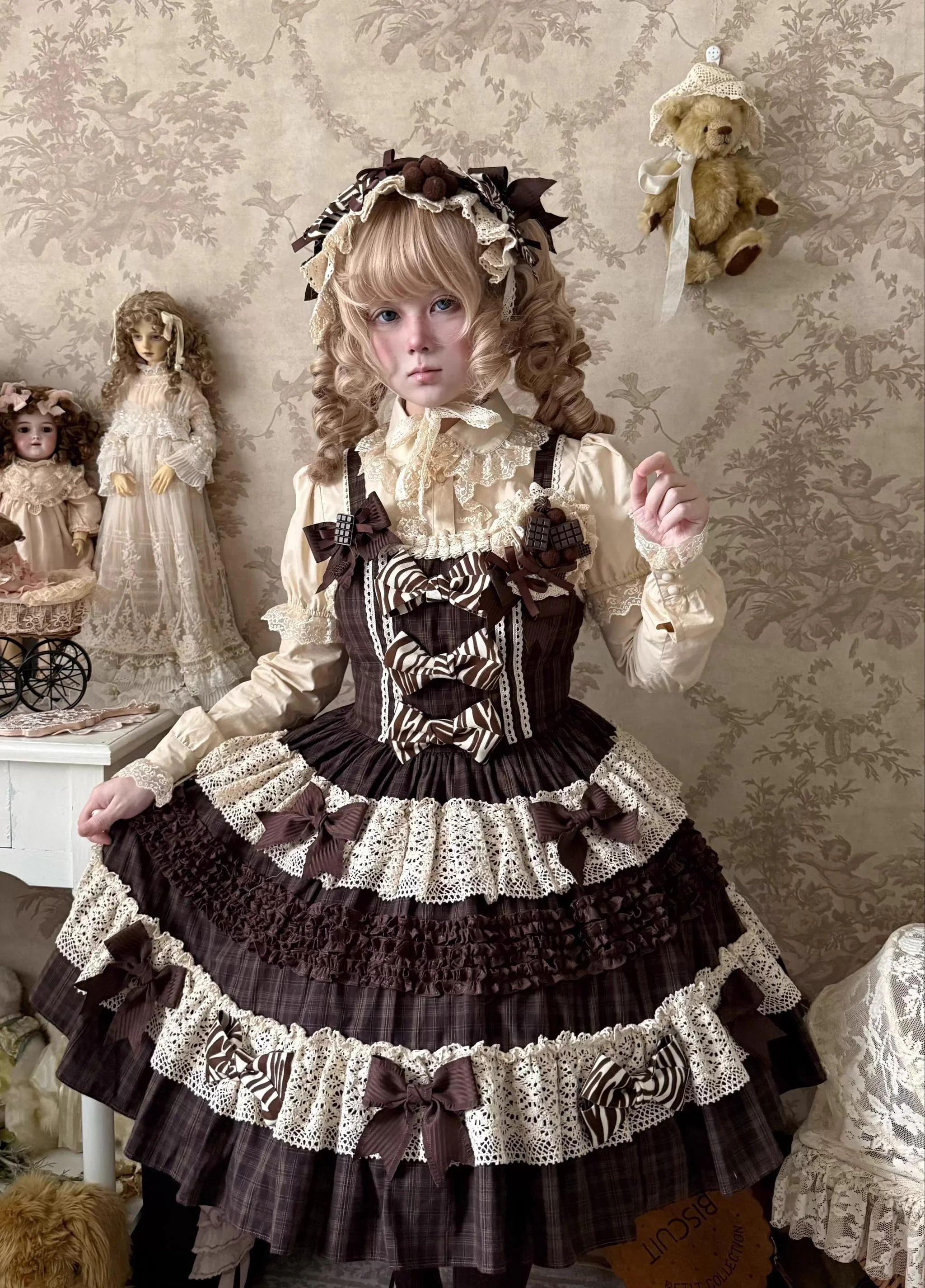 Coco Grace - Plaid Kawaii Lolita JSK Dress, Layered Ruffle & Bow - Image 11