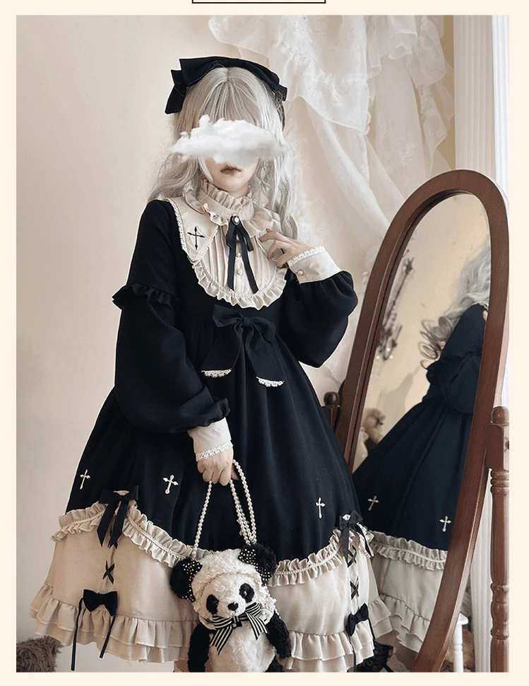 Plus Size Gothic Lolita Winter OP Dress, Cross Embroidery - Image 6