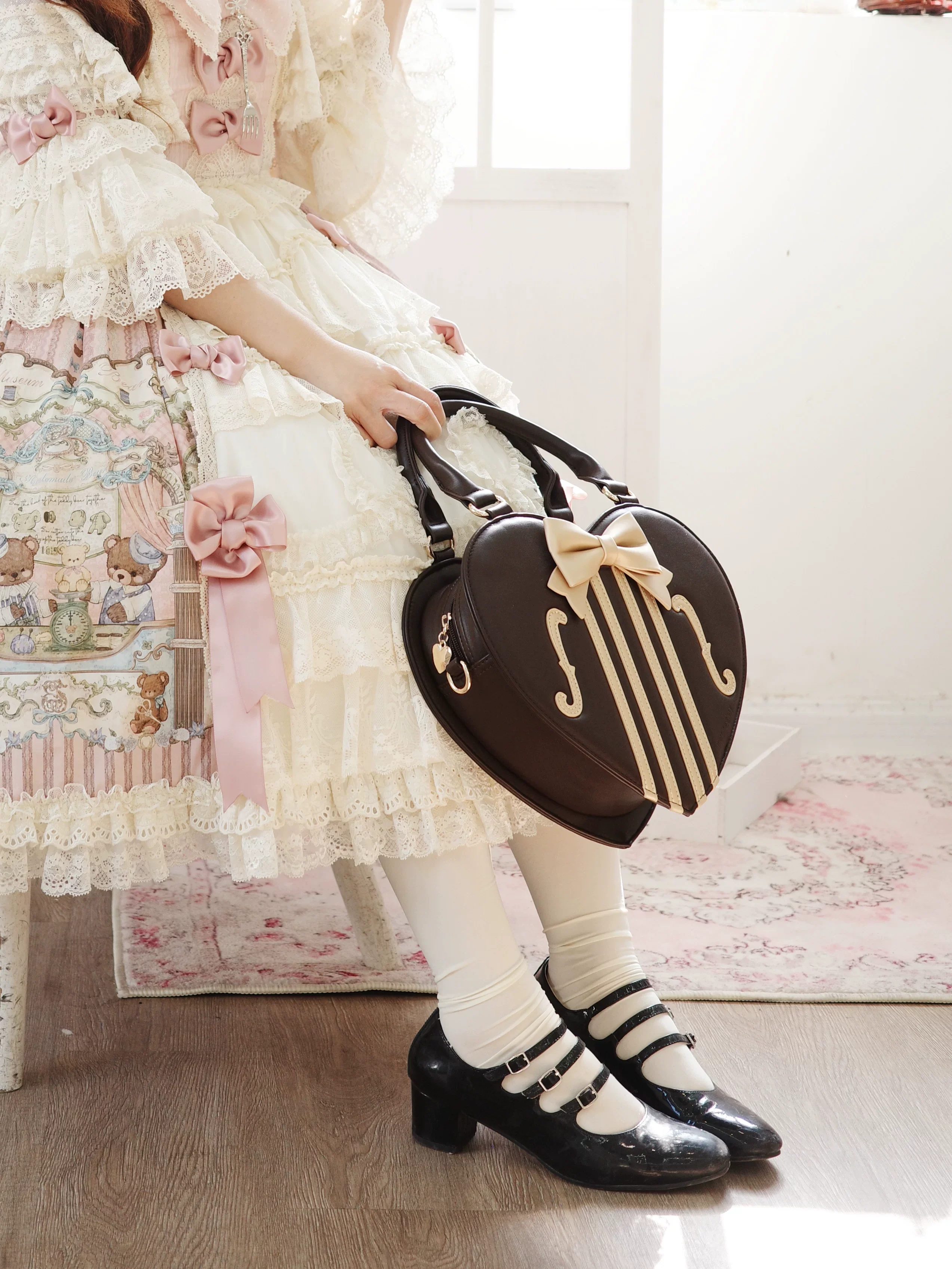 Heart of Violin - PU Classic Lolita Heart Shaped Bag, Violin and Bow Detail - Image 10
