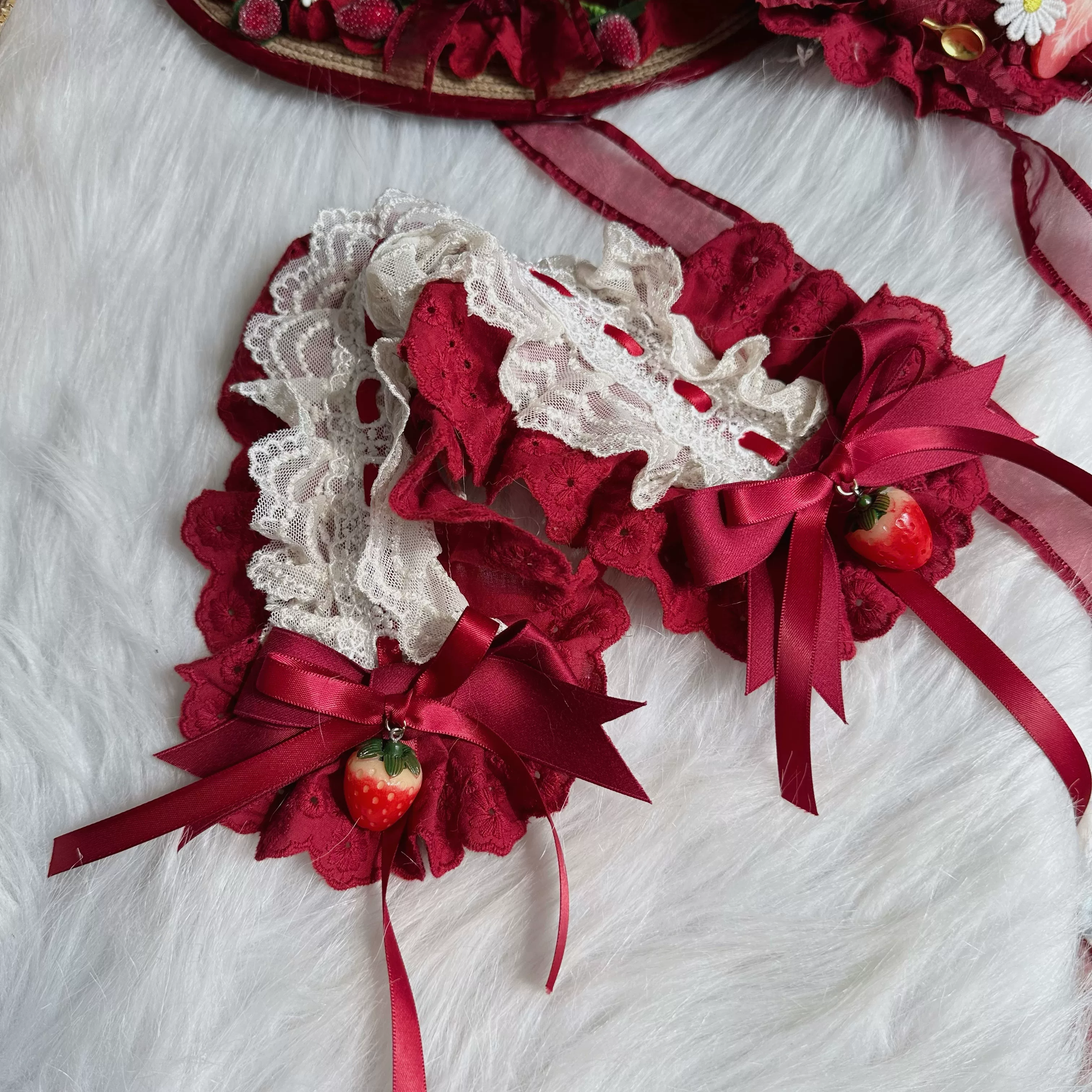 Red Sweet Lolita Headdress, Bows and Strawberry Pendants - Image 3